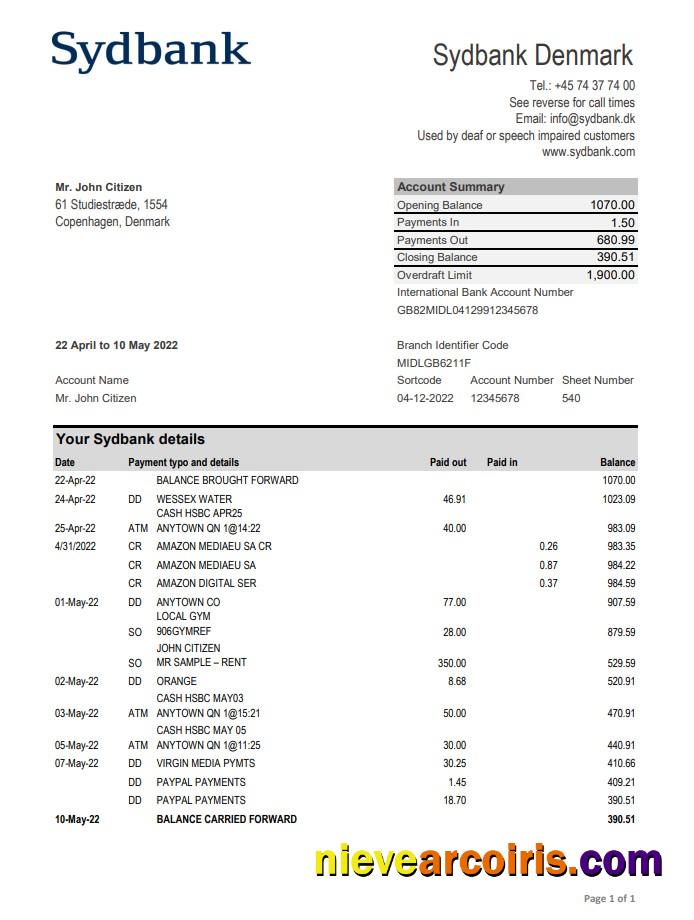Denmark Sydbank statement xls